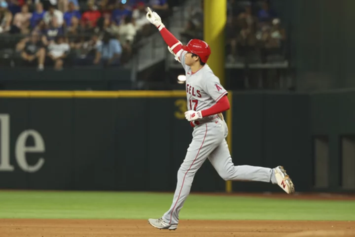 Ohtani gets the win, ties for the MLB HR lead as the Angels beat the Rangers 5-3